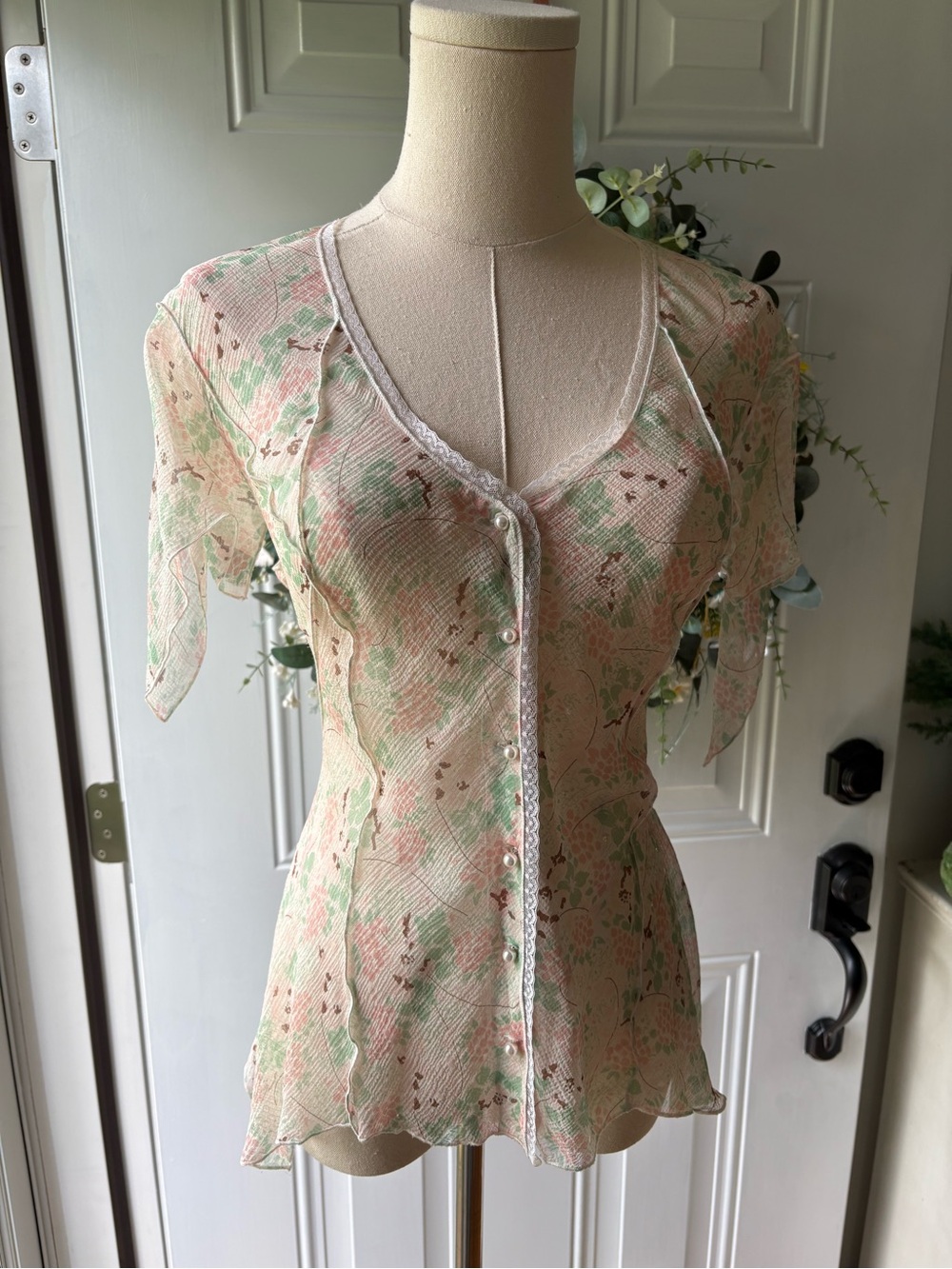 Delicate and Dainty Sheer Floral Button-Front Blouse in Pastel Pink & Green